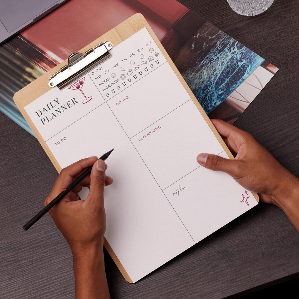 Open planner with daily schedule and tasks